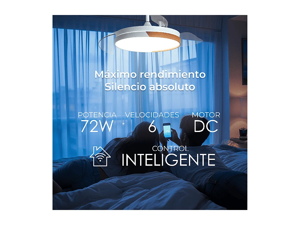 Ventilador de techo inteligente – blanco y madera, aspas retráctiles, LED y WiFi – Nature White