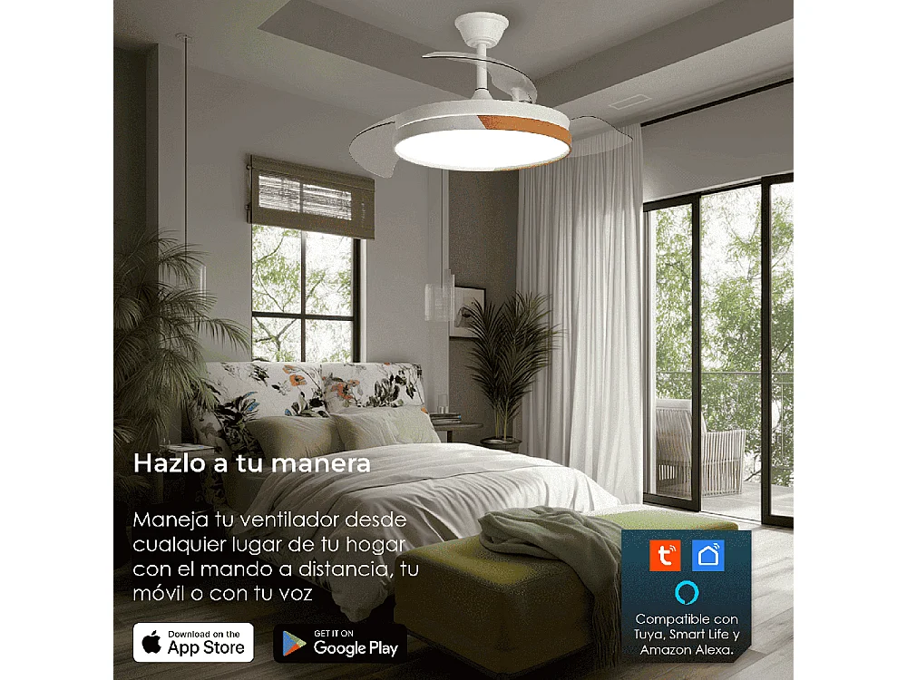 Ventilador de techo inteligente – blanco y madera, aspas retráctiles, LED y WiFi – Nature White