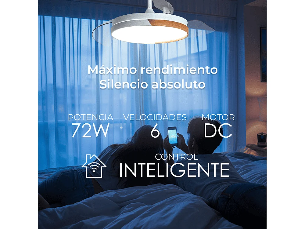Ventilador de techo inteligente – blanco y madera, aspas retráctiles, LED y WiFi – Nature White