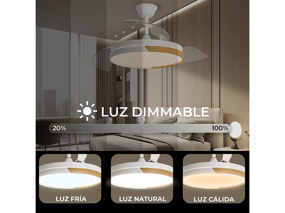 Ventilador de techo inteligente – blanco y madera, aspas retráctiles, LED y WiFi – Nature White