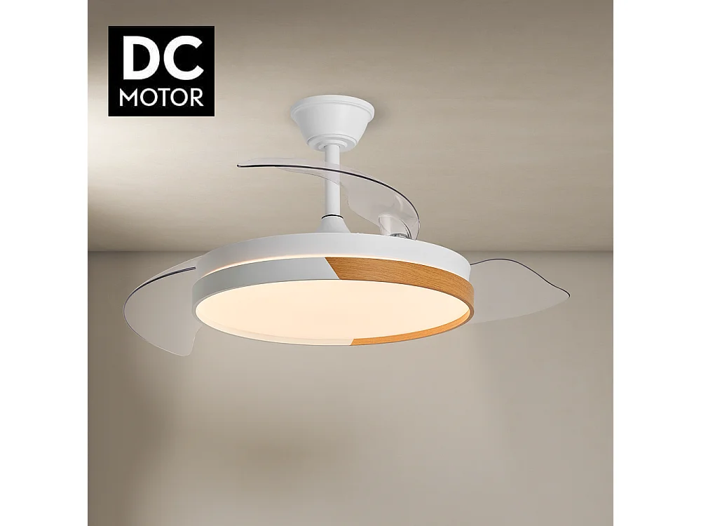 Ventilador de techo inteligente – blanco y madera, aspas retráctiles, LED y WiFi – Nature White