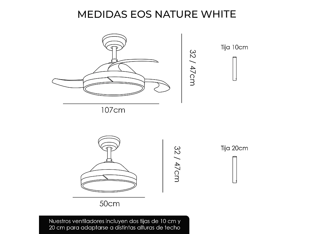 Ventilador de techo inteligente – blanco y madera, aspas retráctiles, LED y WiFi – Nature White