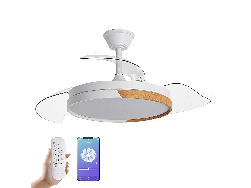 Ventilador de techo inteligente – blanco y madera, aspas retráctiles, LED y WiFi – Nature White