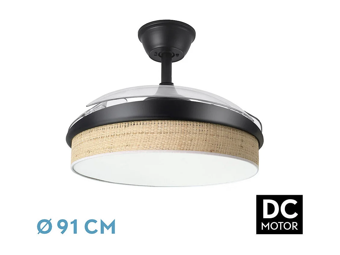 Ventilador DC Moda negro/cañizo claro LED 91 cm con mando