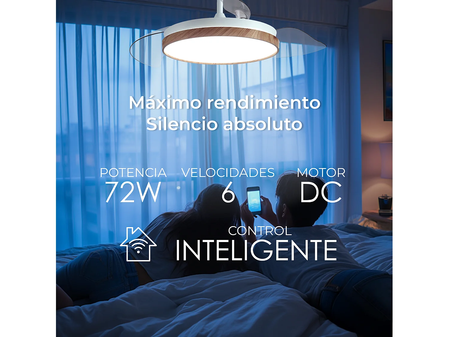 Ventilador de techo inteligente – 72 W, LED regulable, Alexa, WiFi, aspas retráctiles – Nature