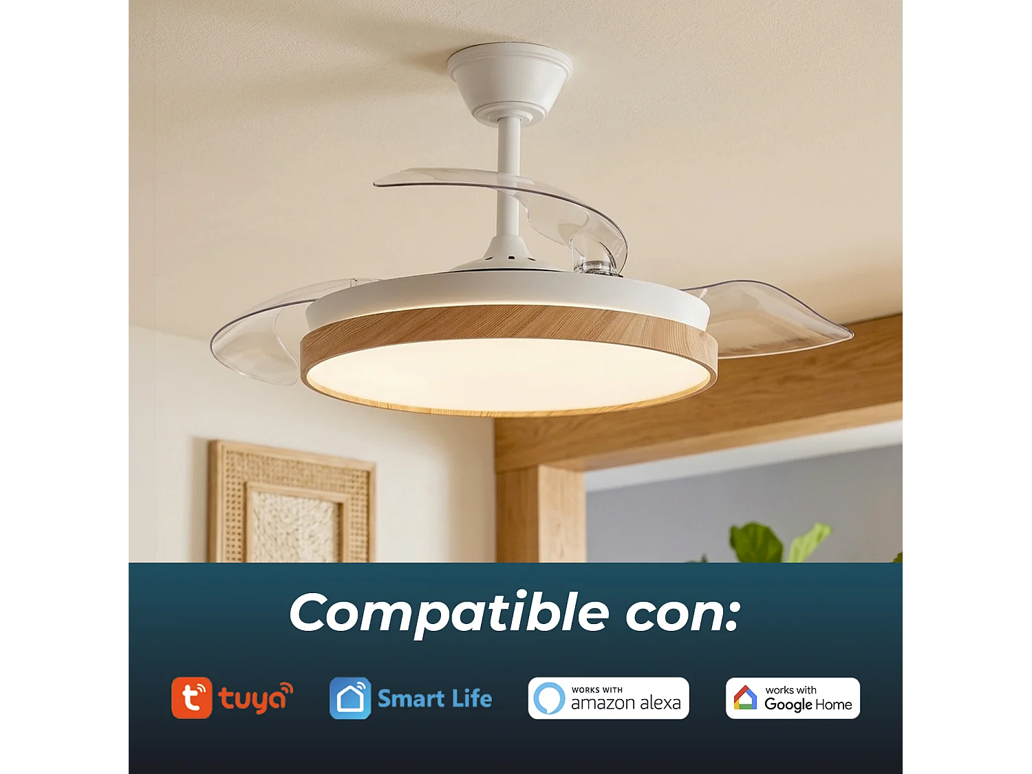 Ventilador de techo inteligente – 72 W, LED regulable, Alexa, WiFi, aspas retráctiles – Nature