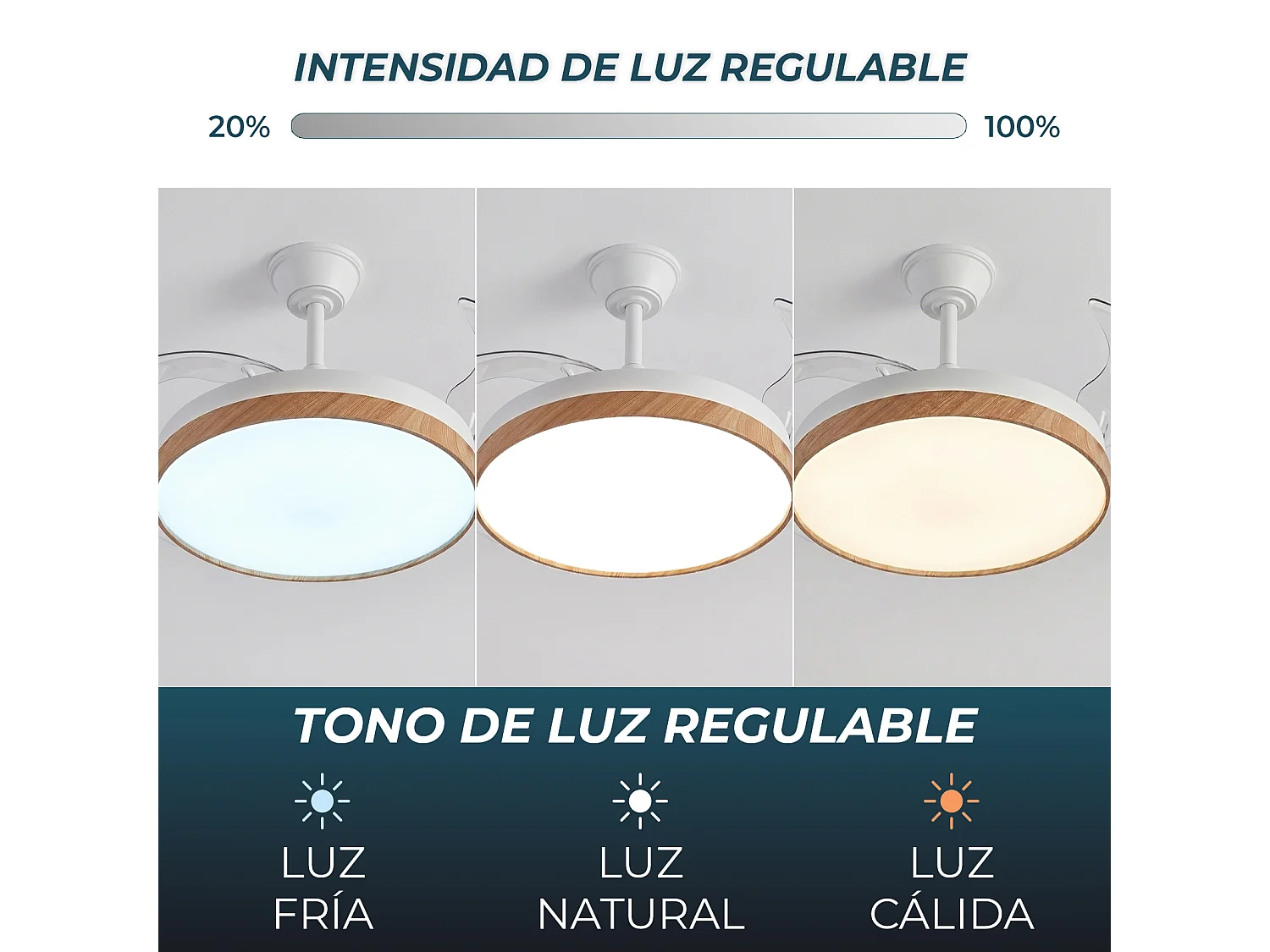 Ventilador de techo inteligente – 72 W, LED regulable, Alexa, WiFi, aspas retráctiles – Nature