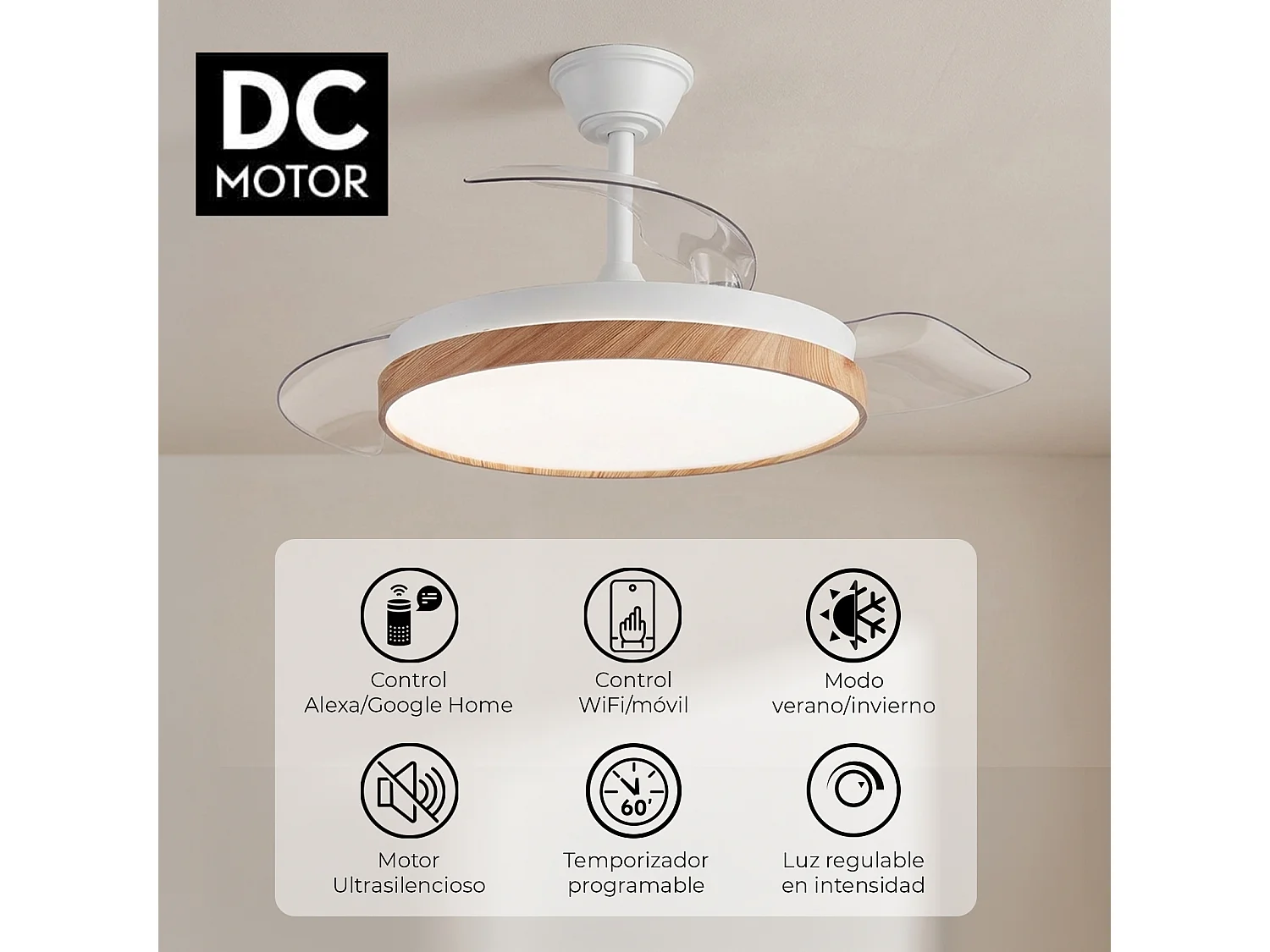 Ventilador de techo inteligente – 72 W, LED regulable, Alexa, WiFi, aspas retráctiles – Nature