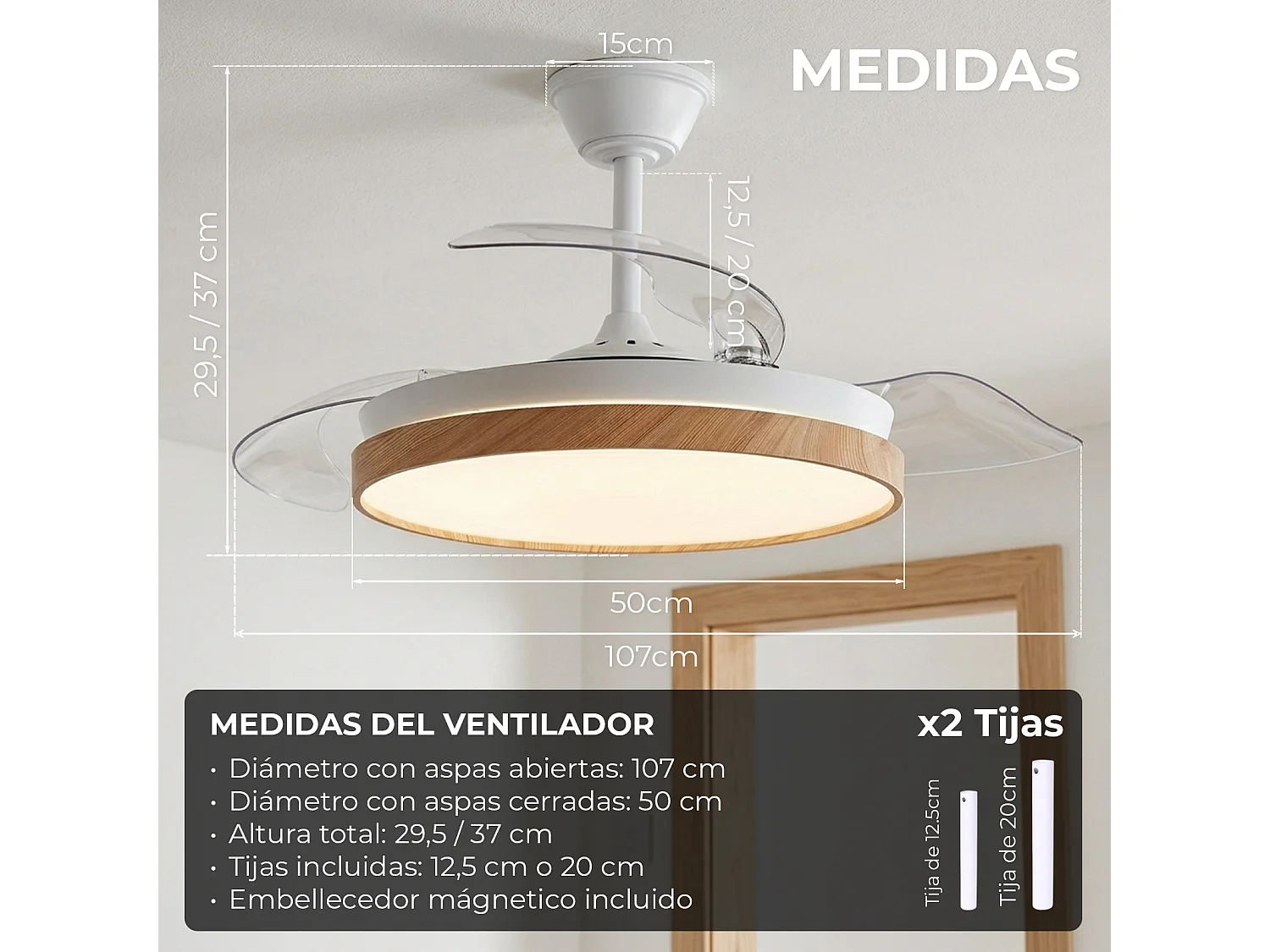 Ventilador de techo inteligente – 72 W, LED regulable, Alexa, WiFi, aspas retráctiles – Nature