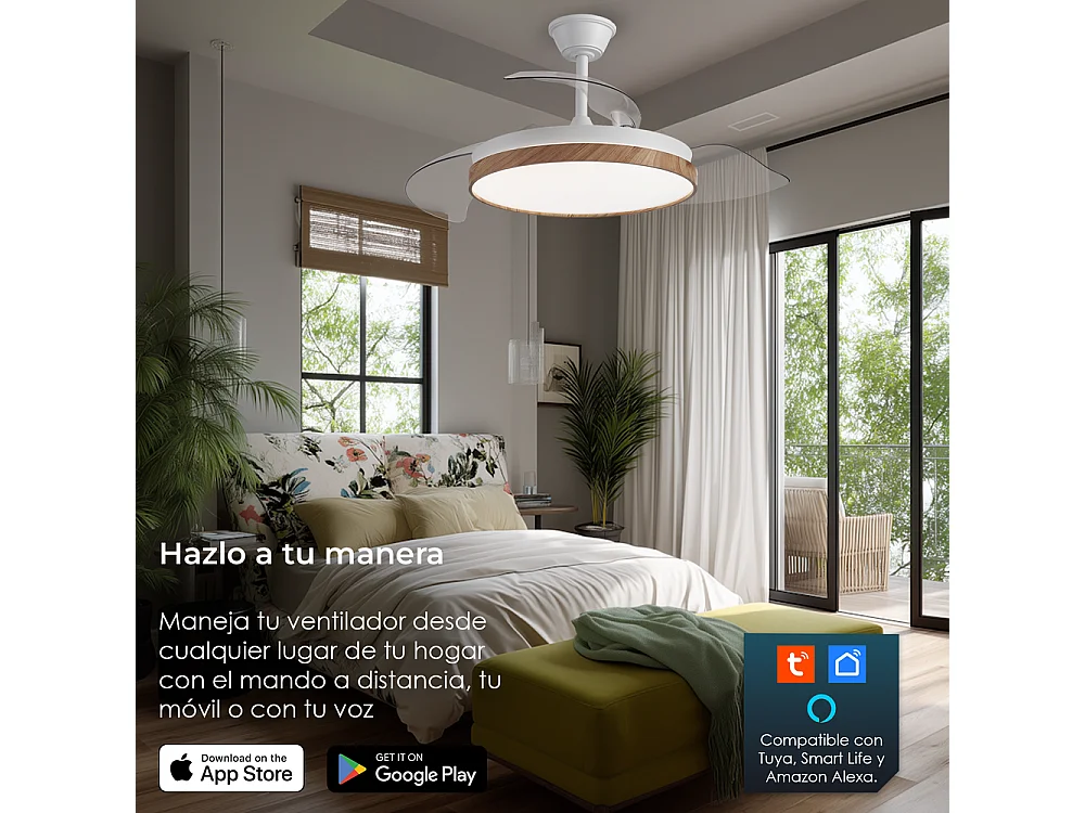 Ventilador de techo inteligente – 72 W, LED regulable, Alexa, WiFi, aspas retráctiles – Nature