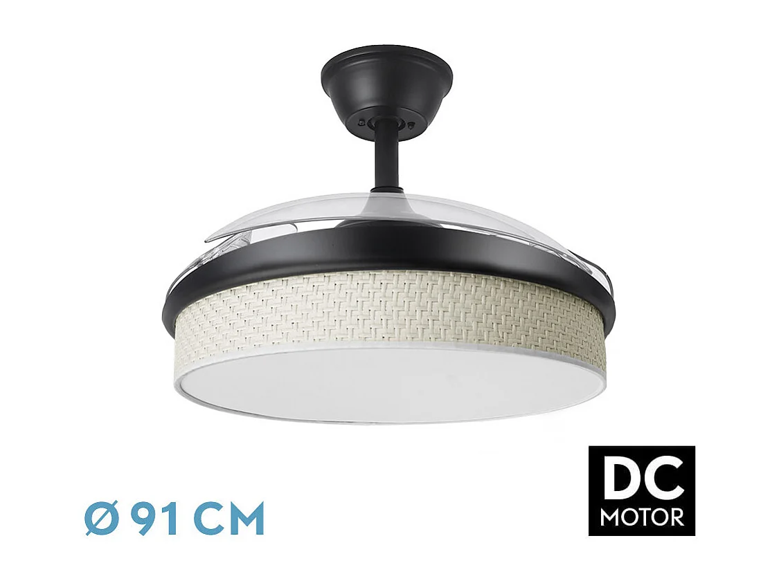 Ventilador DC Moda negro/cañizo blanco LED 91 cm con mando