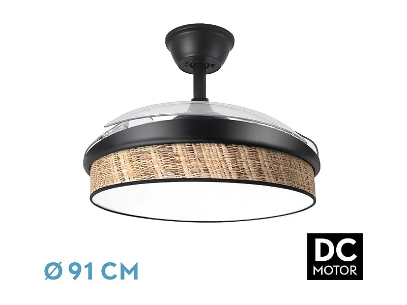 Ventilador DC Moda negro/cañizo oscuro LED 91 cm con mando