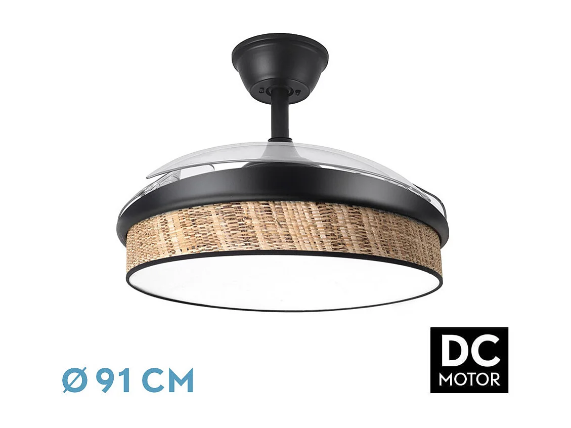 Ventilador DC Moda negro/cañizo oscuro LED 91 cm con mando