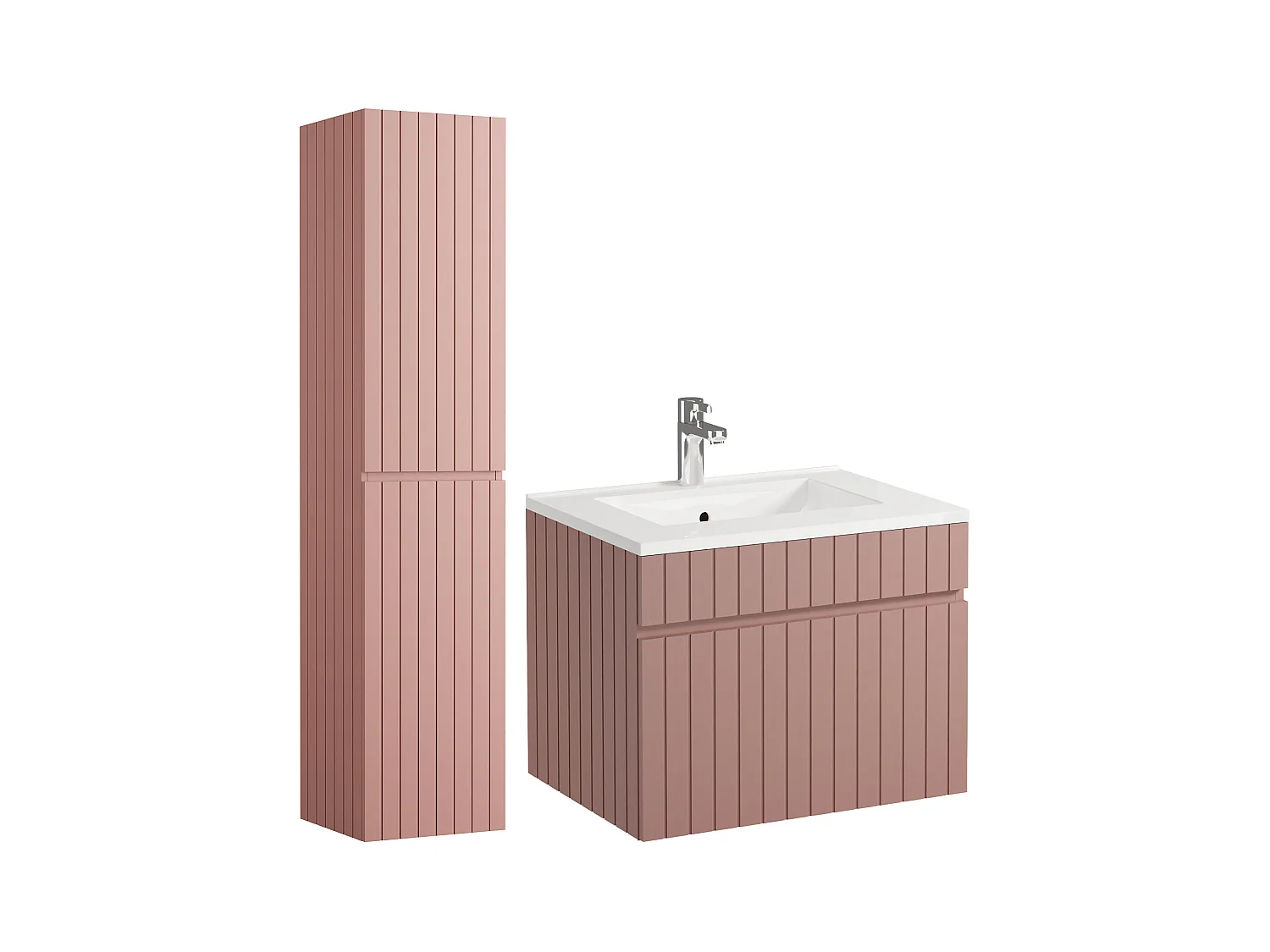 Meuble de salle de bain suspendu strié rose avec vasque à encastrer et colonne - 60 cm - SATARA