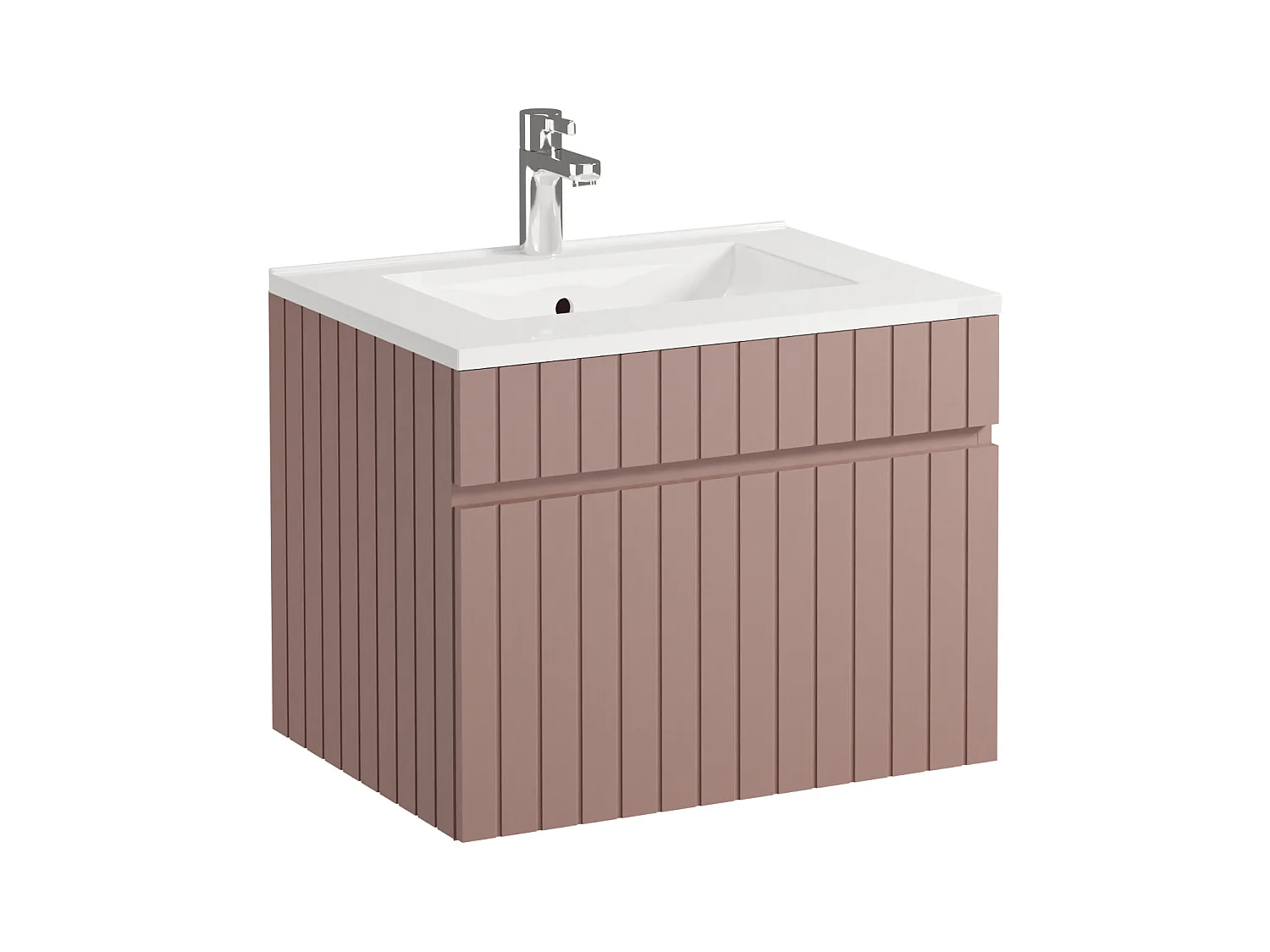 Meuble de salle de bain suspendu strié rose avec vasque à encastrer et colonne - 60 cm - SATARA