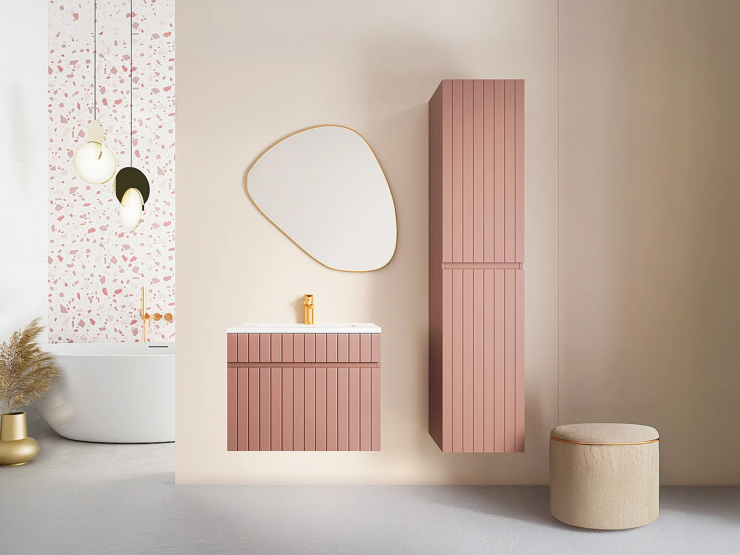 Meuble de salle de bain suspendu strié rose avec vasque à encastrer et colonne - 60 cm - SATARA