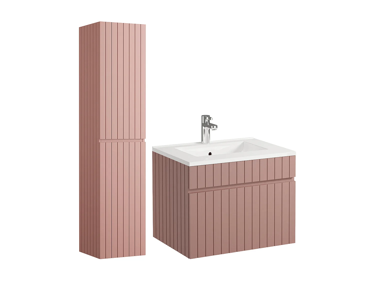 Meuble de salle de bain suspendu strié rose avec vasque à encastrer et colonne - 60 cm - SATARA