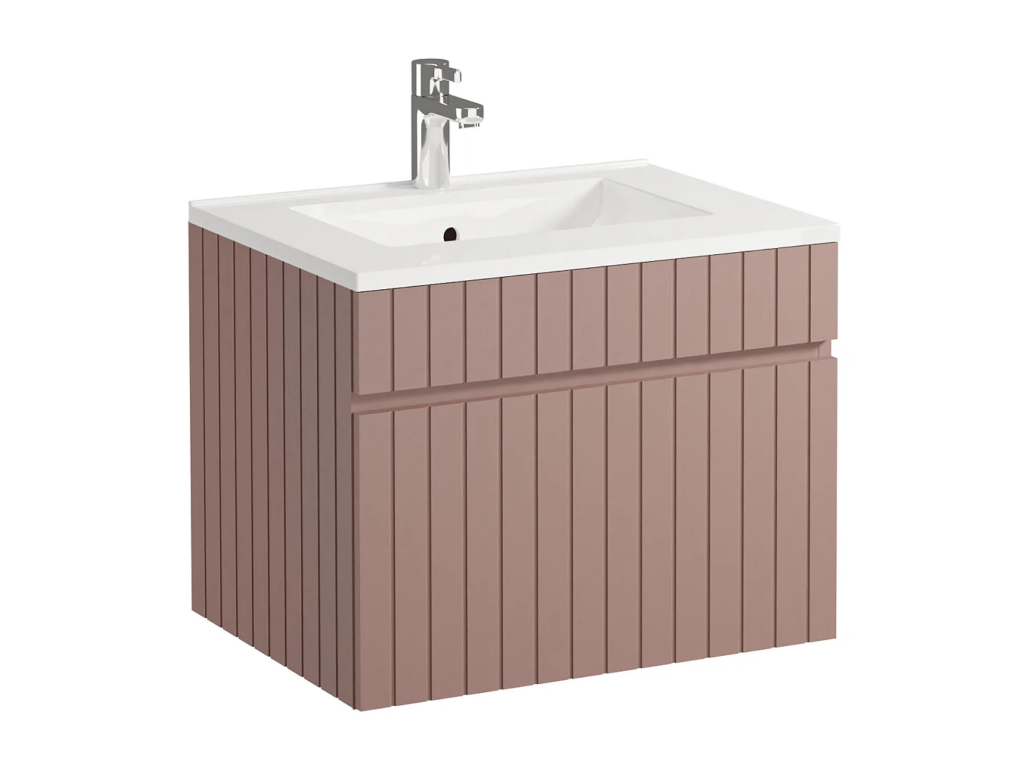 Meuble de salle de bain suspendu strié rose avec vasque à encastrer et colonne - 60 cm - SATARA