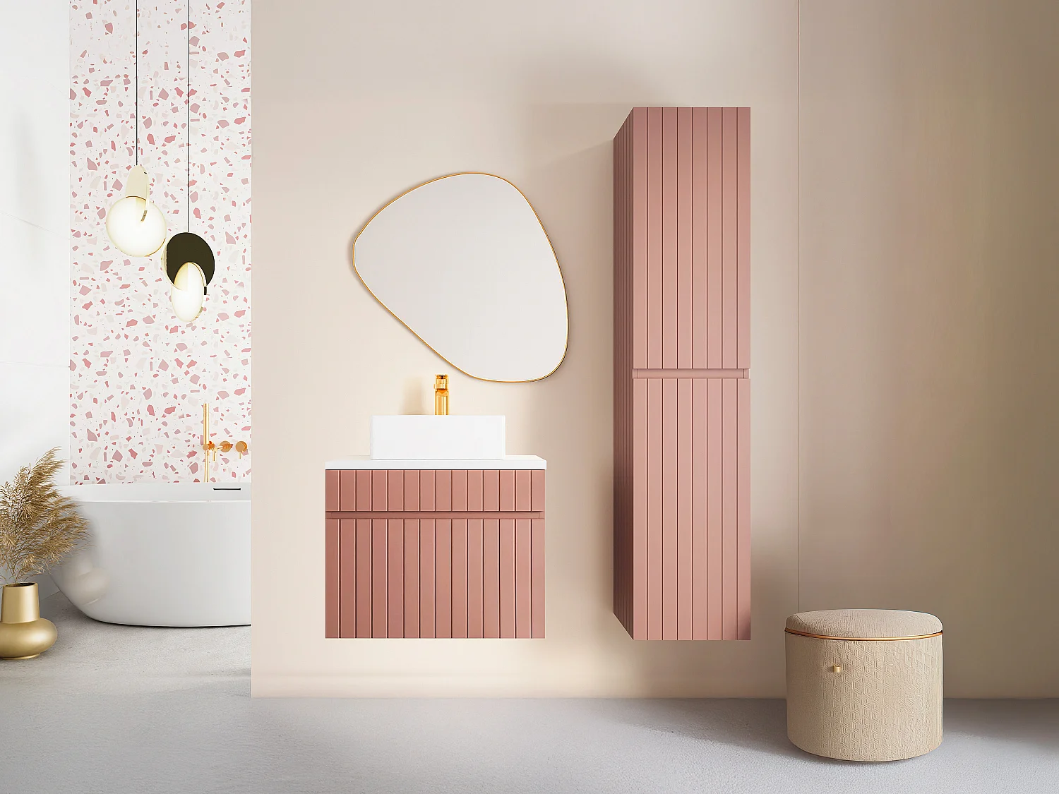 Meuble de salle de bain suspendu strié rose avec vasque à poser et colonne - 60 cm - SATARA