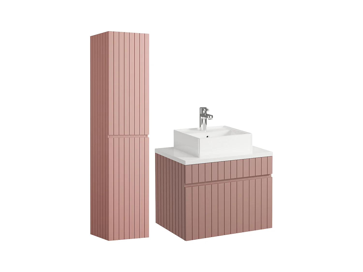 Meuble de salle de bain suspendu strié rose avec vasque à poser et colonne - 60 cm - SATARA