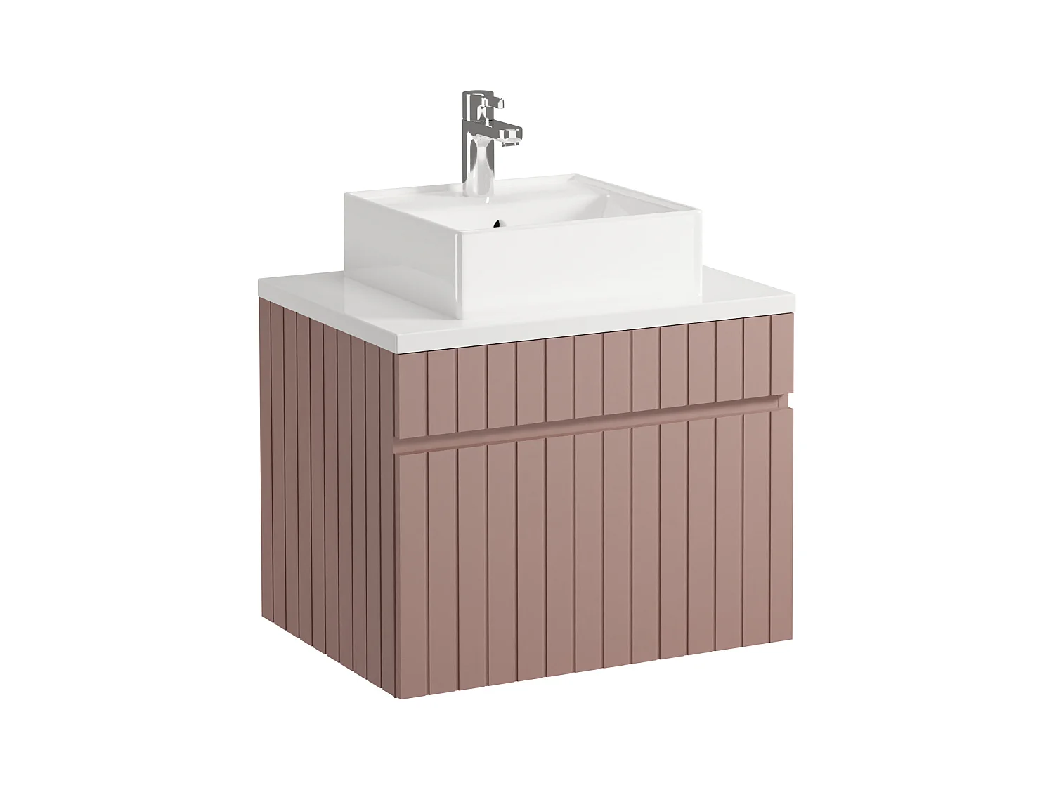 Meuble de salle de bain suspendu strié rose avec vasque à poser et colonne - 60 cm - SATARA