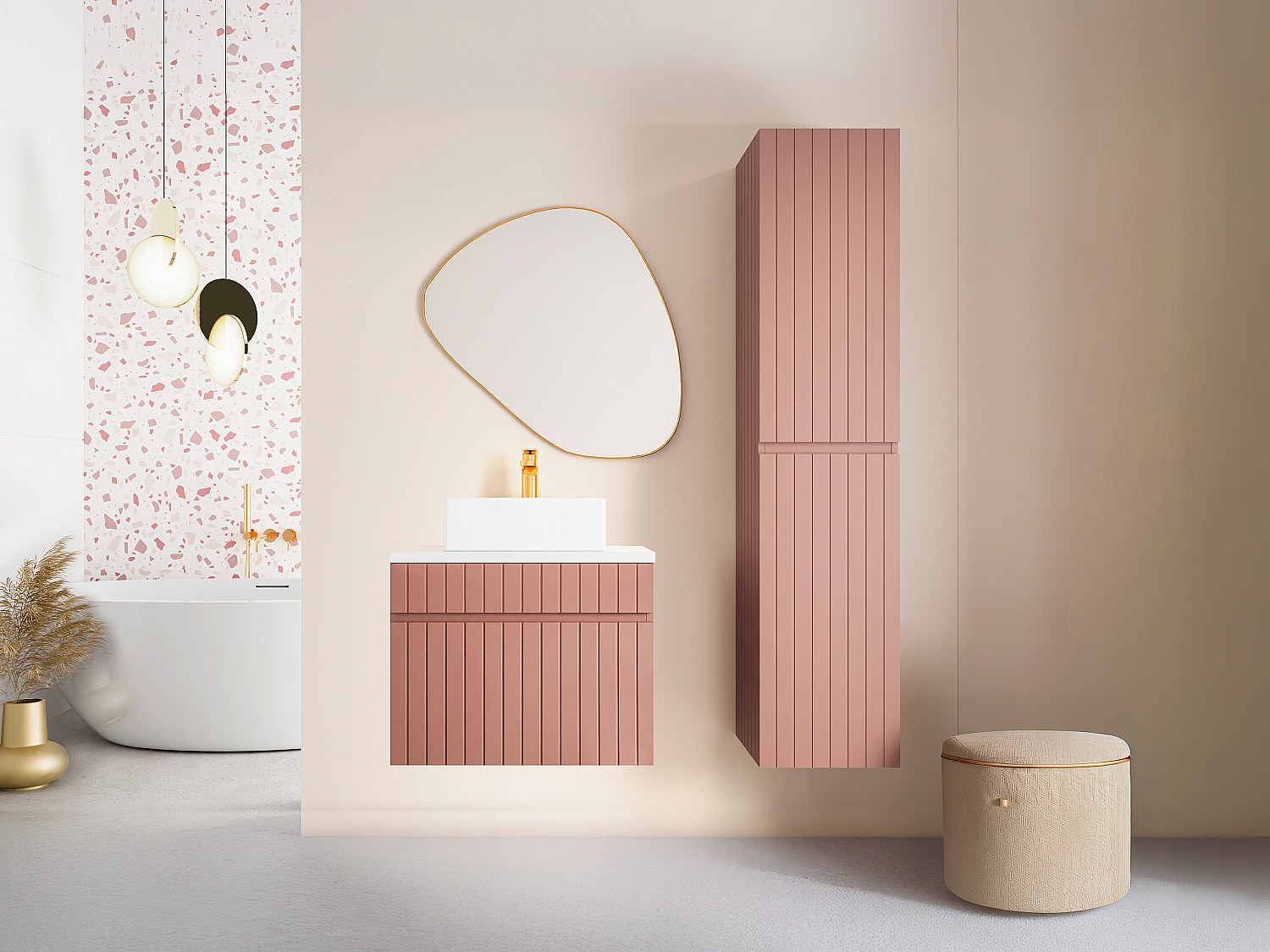 Waschbeckenunterschrank hängend mit Ablagen & Aufsatzwaschbecken - Streifen günstig online kaufen