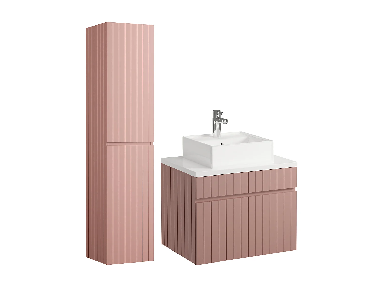 Mueble de baño suspendido estriado rosa con lavabo sobre encimera y columna - 60 cm - SATARA