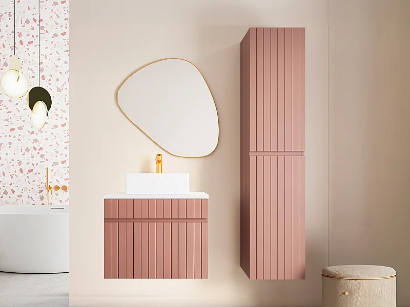Mobile per bagno sospeso scanalato con lavabo da appoggio e colonna - 60 cm - Rosa - SATARA