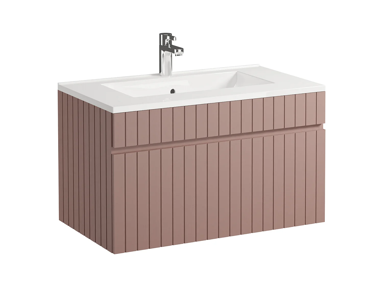 Meuble de salle de bain suspendu strié rose avec vasque à encastrer et colonne - 80 cm - SATARA
