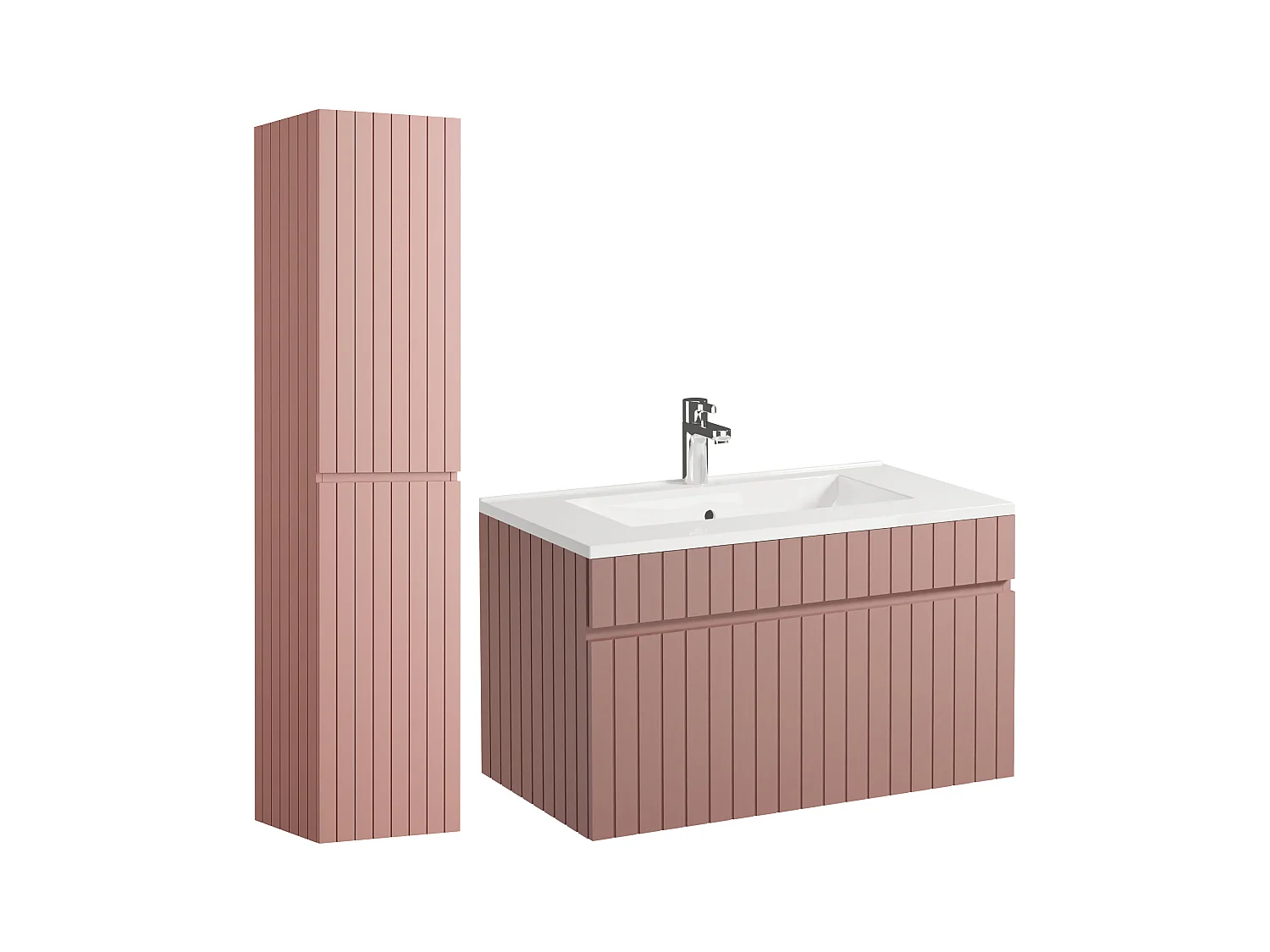 Meuble de salle de bain suspendu strié rose avec vasque à encastrer et colonne - 80 cm - SATARA