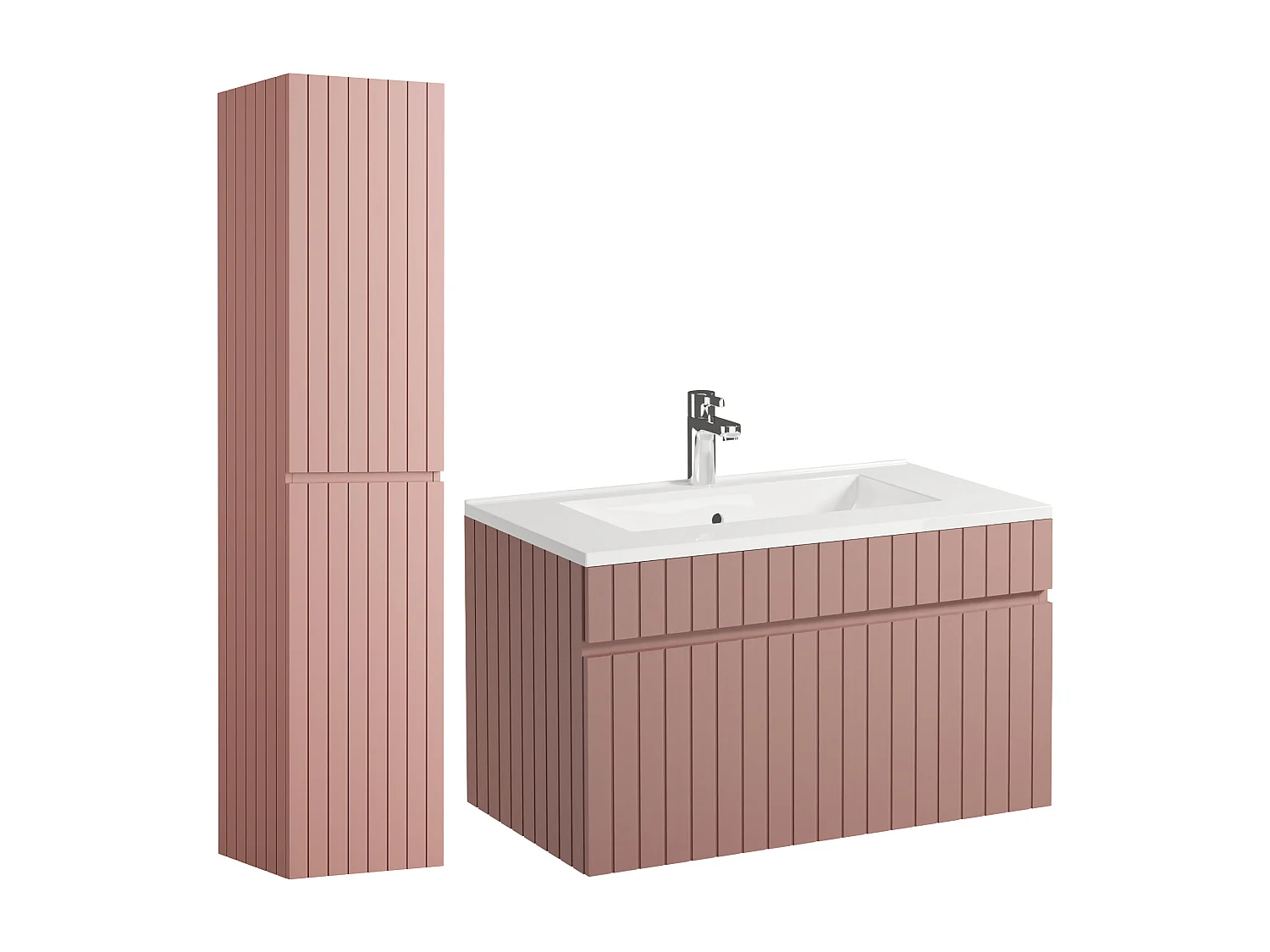 Meuble de salle de bain suspendu strié rose avec vasque à encastrer et colonne - 80 cm - SATARA