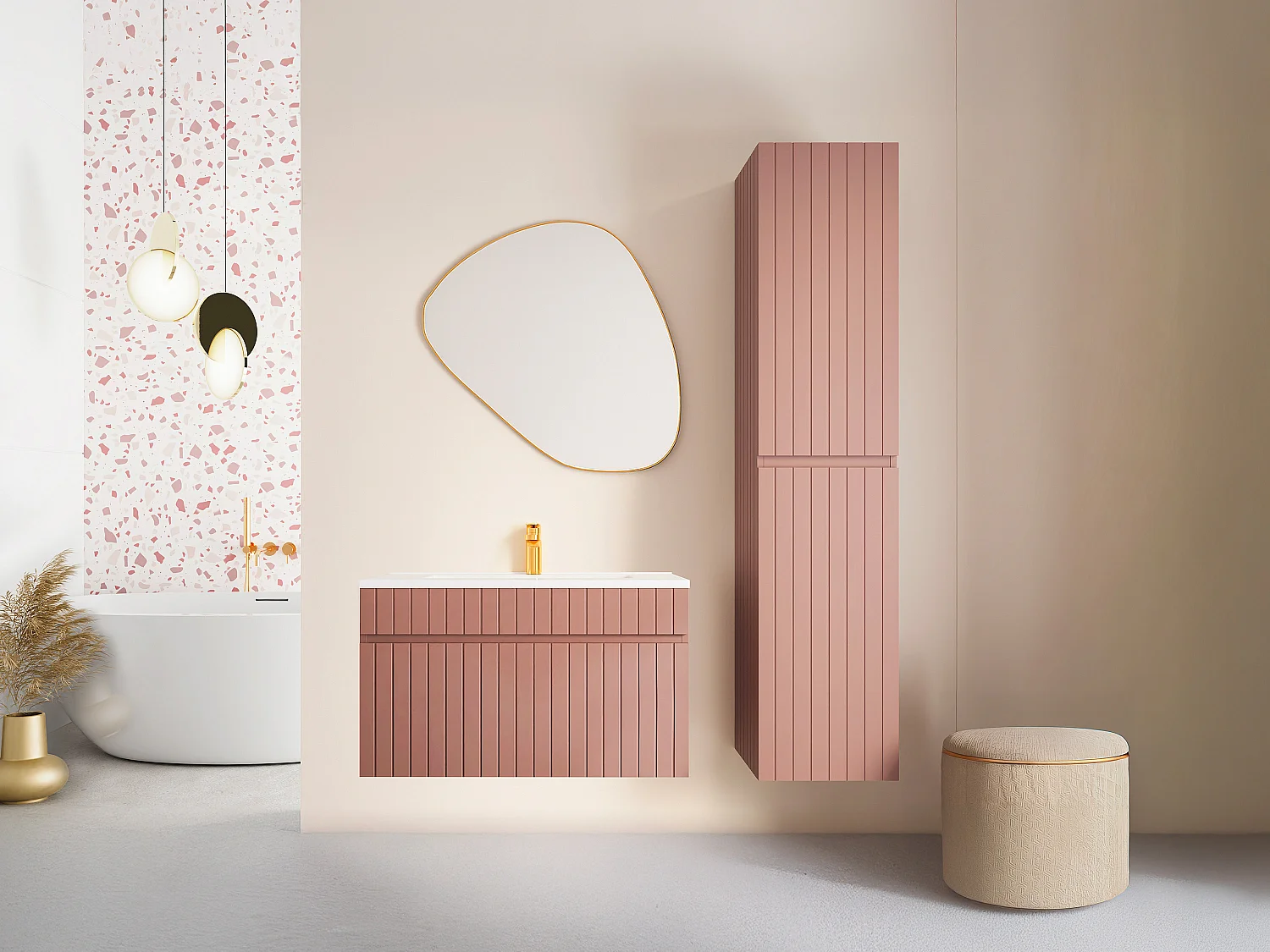 Meuble de salle de bain suspendu strié rose avec vasque à encastrer et colonne - 80 cm - SATARA