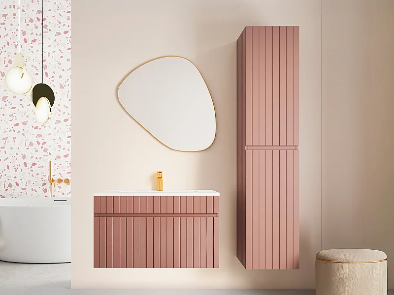 Mobile per bagno sospeso scanalato con lavabo da incasso e colonna - 80 cm - Rosa - SATARA
