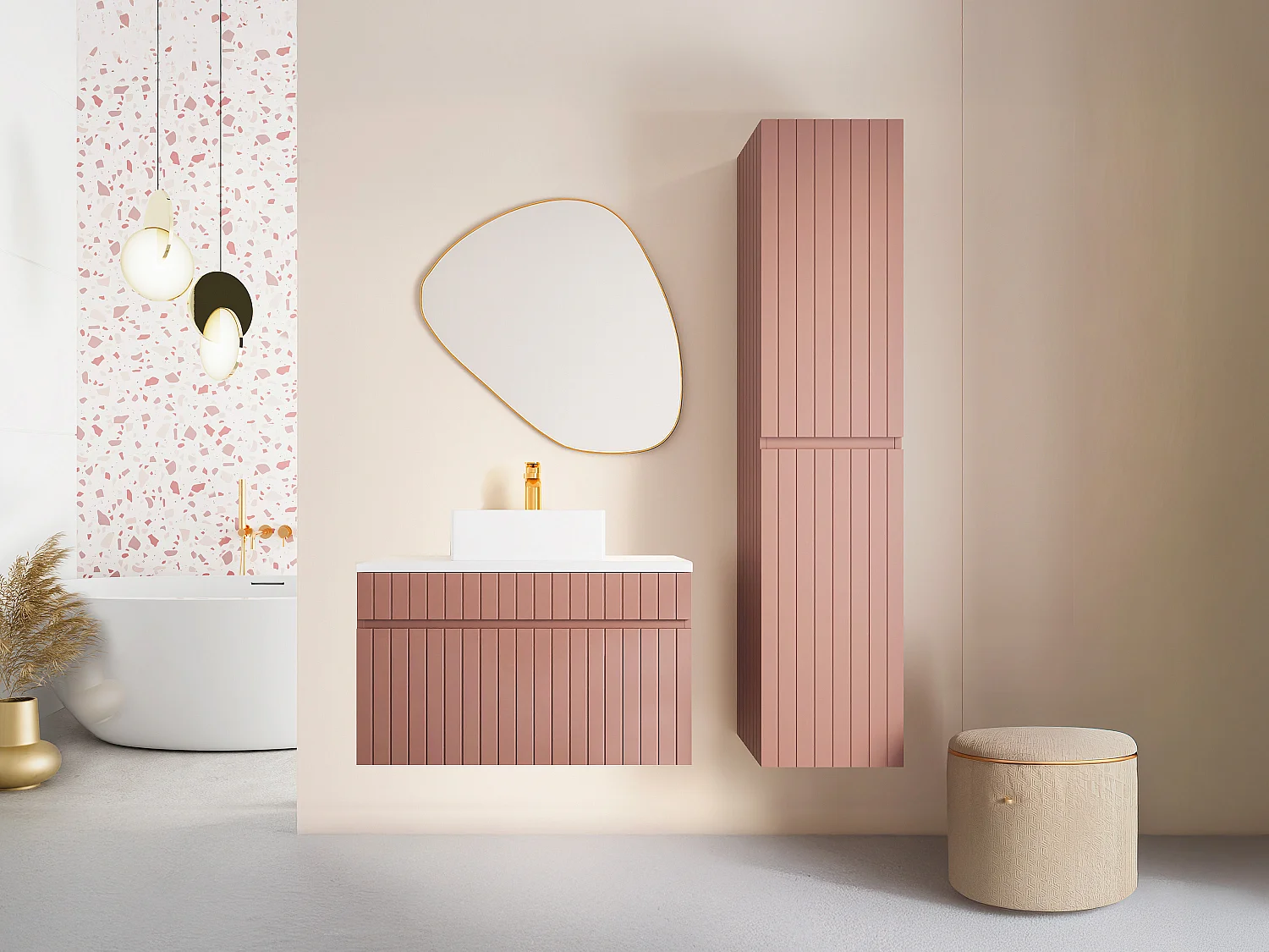 Meuble de salle de bain suspendu strié rose avec vasque à poser et colonne - 80 cm - SATARA