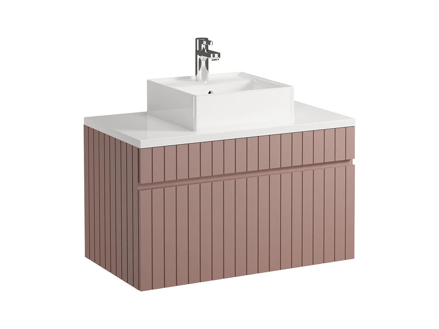Meuble de salle de bain suspendu strié rose avec vasque à poser et colonne - 80 cm - SATARA