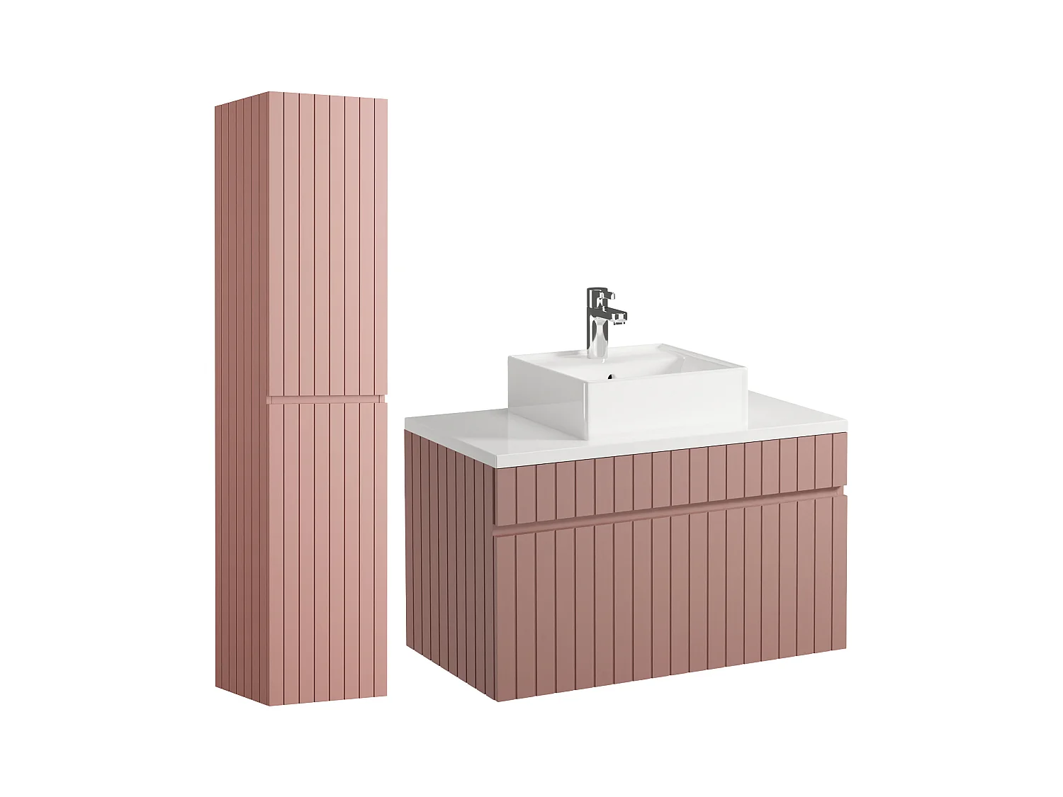 Meuble de salle de bain suspendu strié rose avec vasque à poser et colonne - 80 cm - SATARA