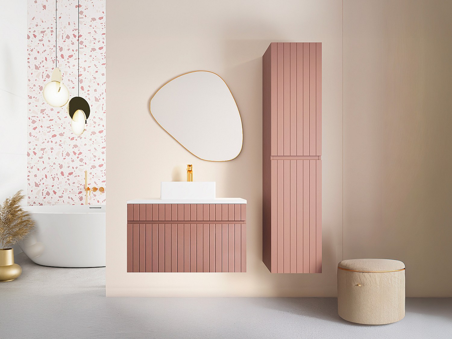 Waschbeckenunterschrank hängend mit Ablagen & Aufsatzwaschbecken - Streifen günstig online kaufen