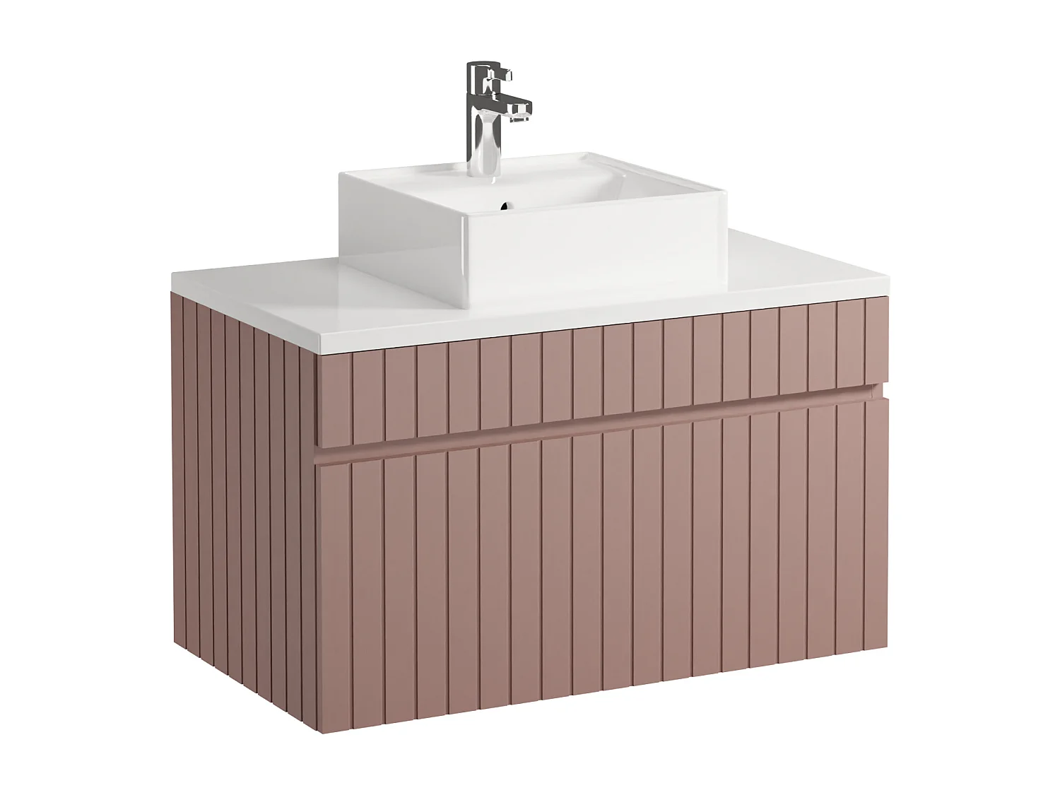 Mueble de baño suspendido estriado rosa con lavabo sobre encimera y columna - 80 cm - SATARA