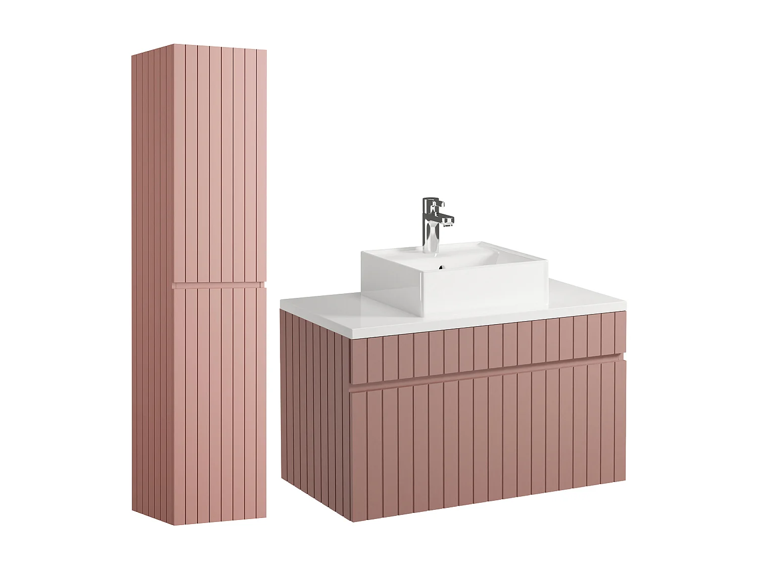 Mueble de baño suspendido estriado rosa con lavabo sobre encimera y columna - 80 cm - SATARA