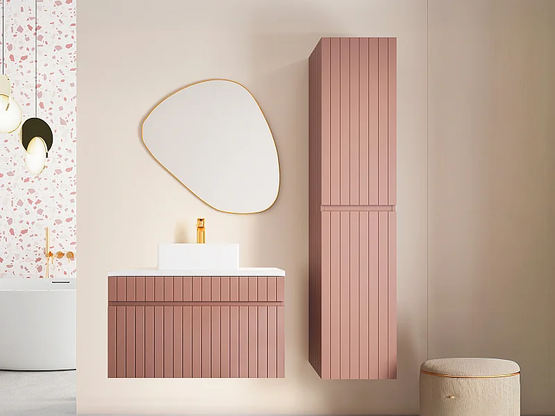 Mobile per bagno sospeso scanalato con lavabo da appoggio e colonna - 80 cm - Rosa - SATARA