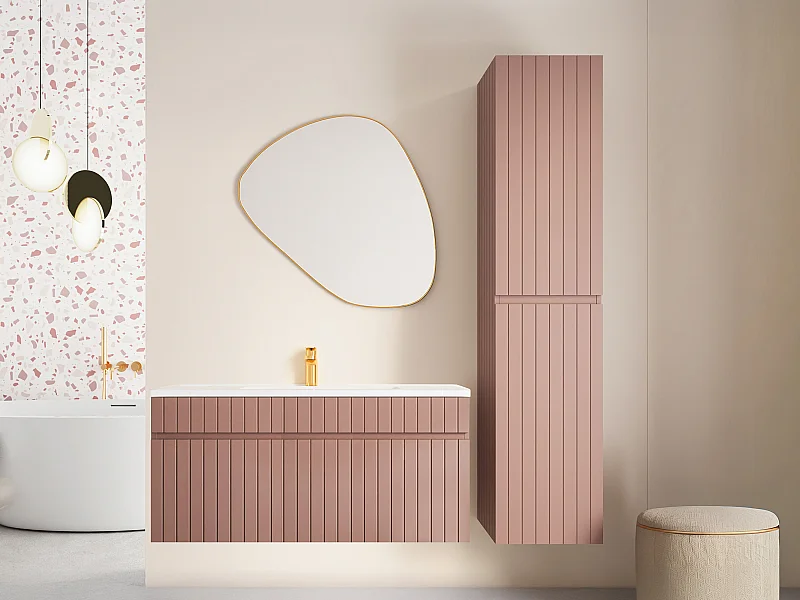 Waschbeckenunterschrank hängend mit Ablagen & Einbauwaschbecken - Streifenoptik - Rosa - 100 cm - SATARA