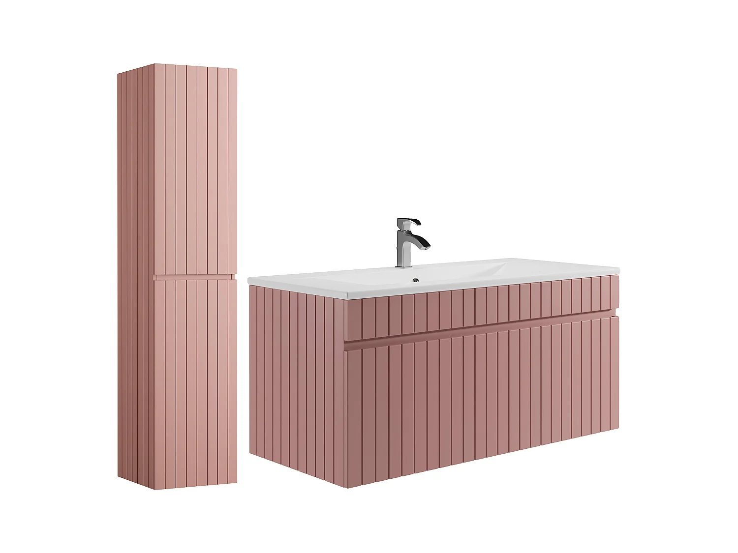 Meuble de salle de bain suspendu strié rose avec vasque à encastrer et colonne - 100 cm - SATARA