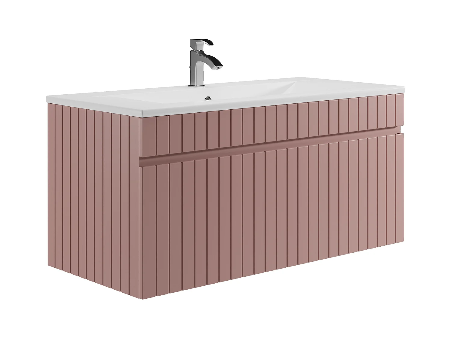 Meuble de salle de bain suspendu strié rose avec vasque à encastrer et colonne - 100 cm - SATARA