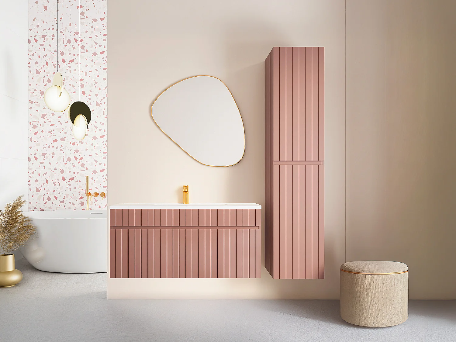 Meuble de salle de bain suspendu strié rose avec vasque à encastrer et colonne - 100 cm - SATARA