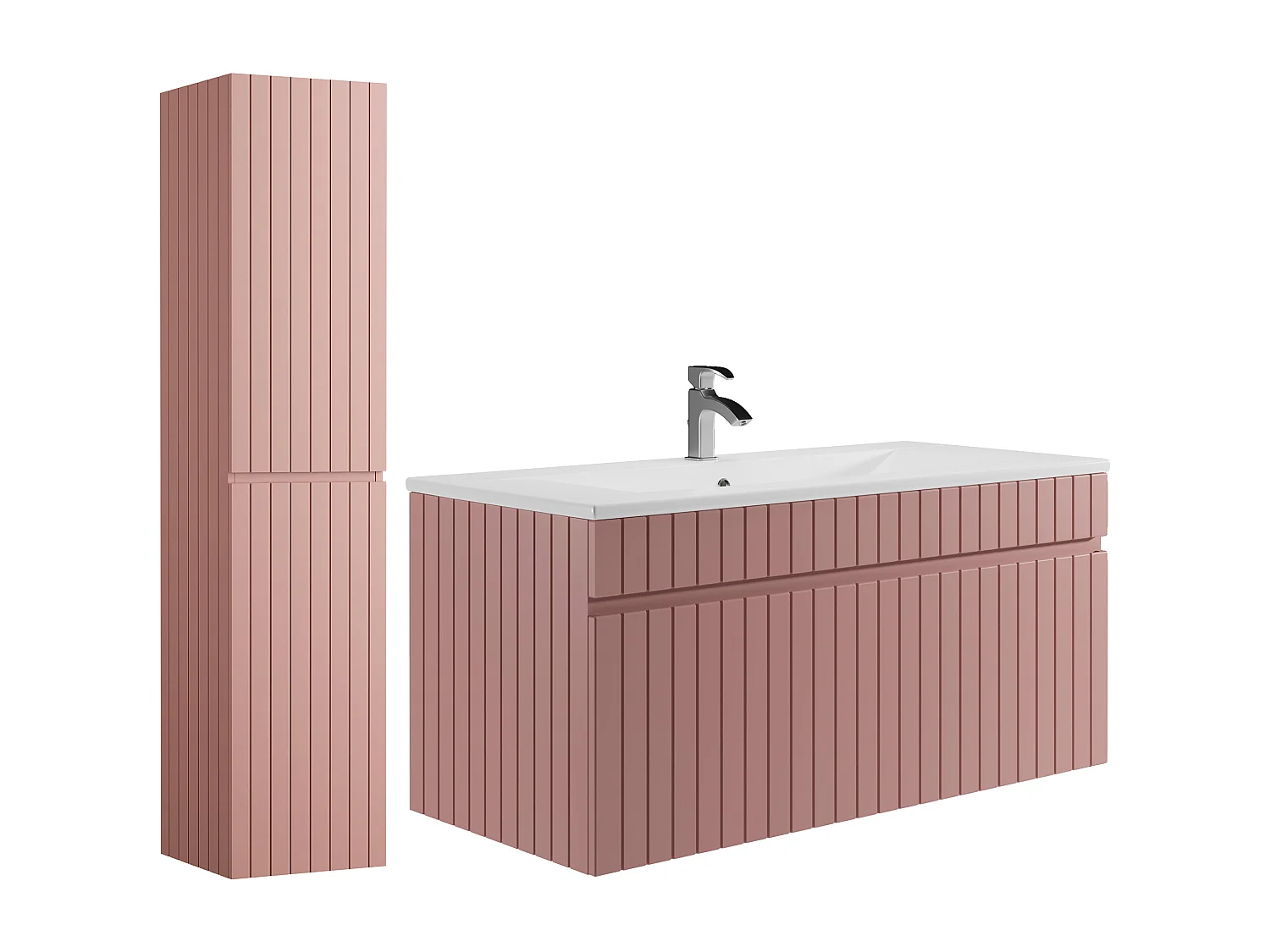 Mueble de baño suspendido estriado rosa con lavabo encastrado y columna - 100 cm - SATARA