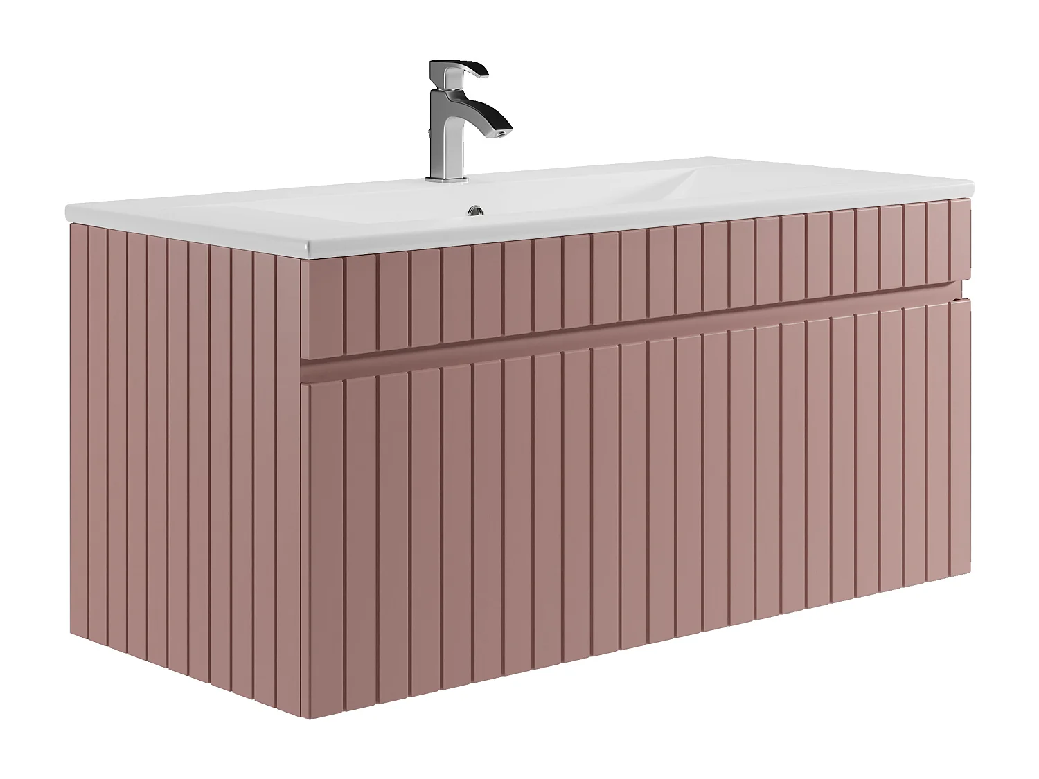 Mueble de baño suspendido estriado rosa con lavabo encastrado y columna - 100 cm - SATARA