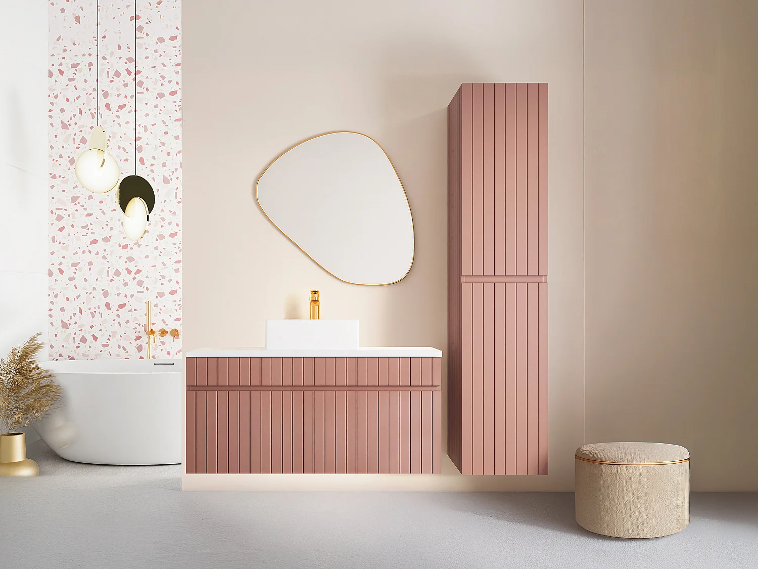 Meuble de salle de bain suspendu strié rose avec vasque à poser et colonne - 100 cm - SATARA