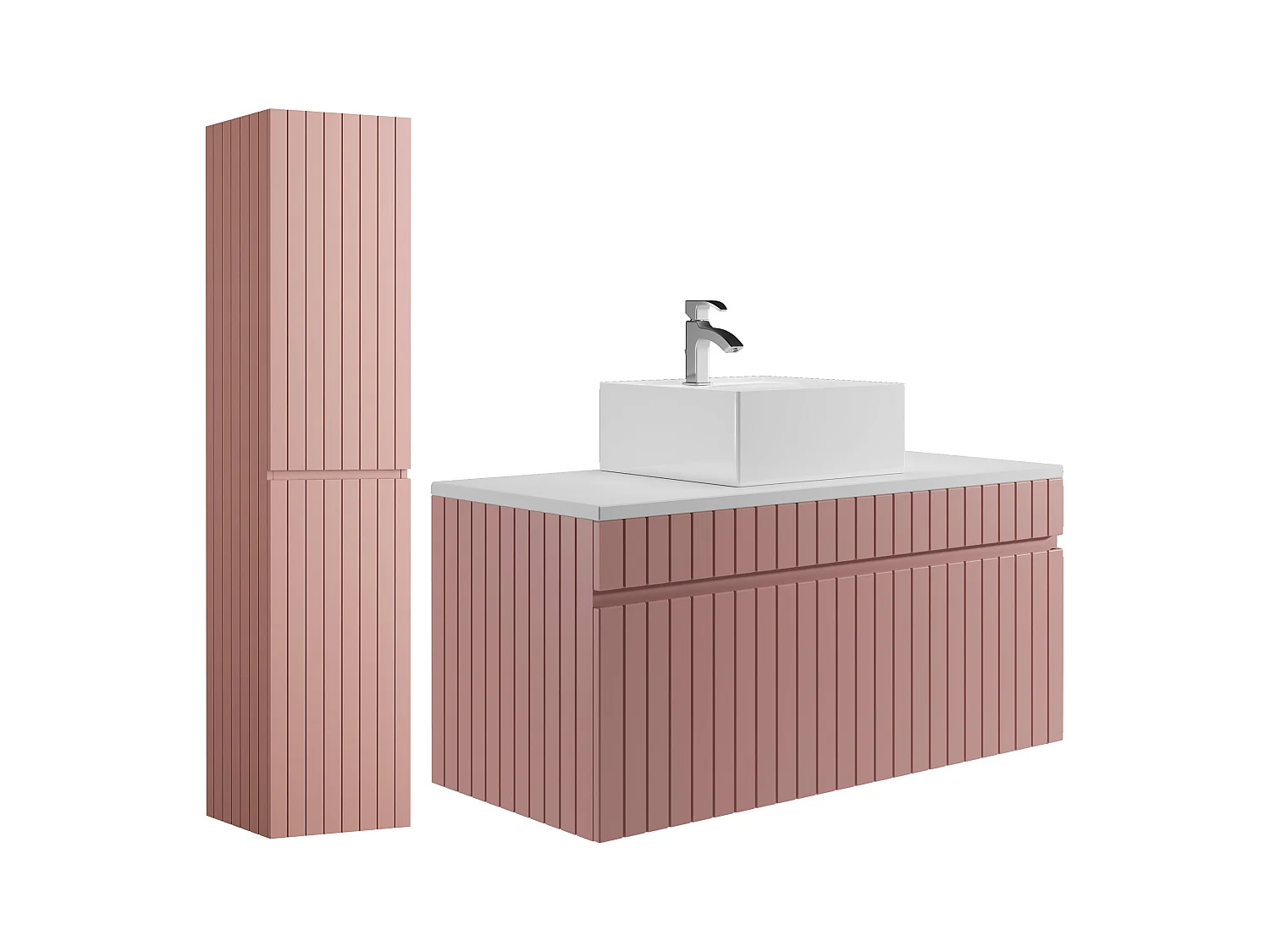 Meuble de salle de bain suspendu strié rose avec vasque à poser et colonne - 100 cm - SATARA