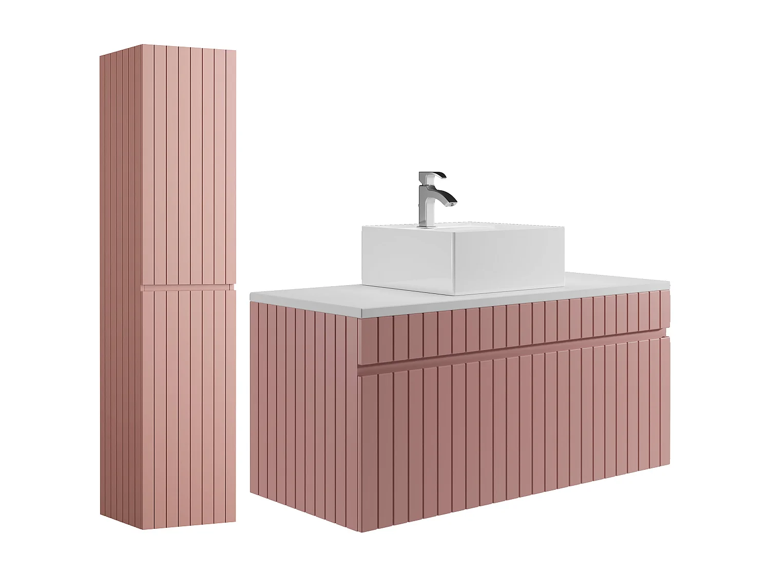 Meuble de salle de bain suspendu strié rose avec vasque à poser et colonne - 100 cm - SATARA