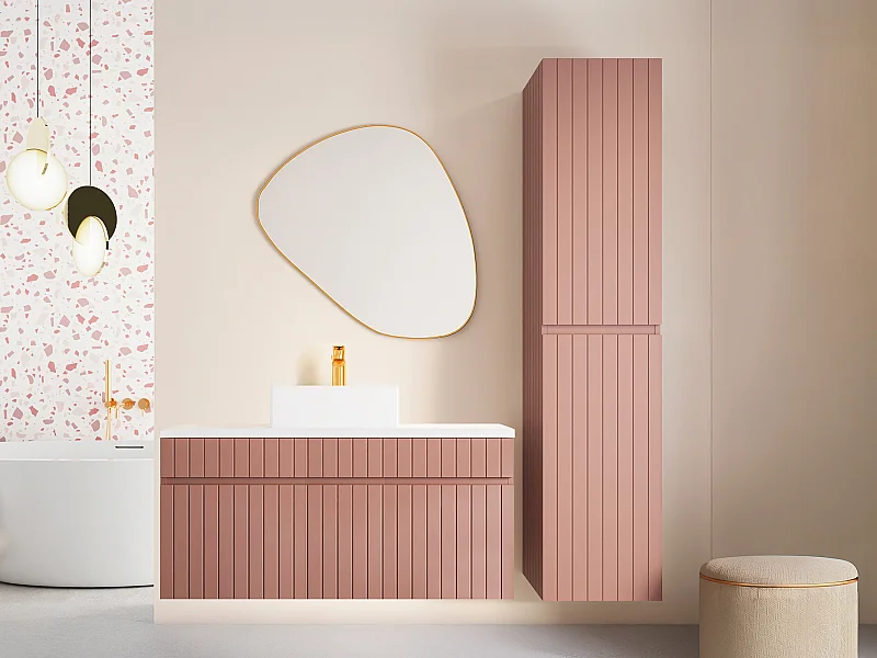 Waschbeckenunterschrank hängend mit Ablagen & Aufsatzwaschbecken - Streifenoptik - Rosa - 100 cm - SATARA